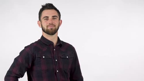 Bearded Happy Handsome Man Smiling, Holding Copy Space on His Hand 1080p