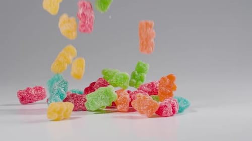 Gummy bear candies falls in slow motion