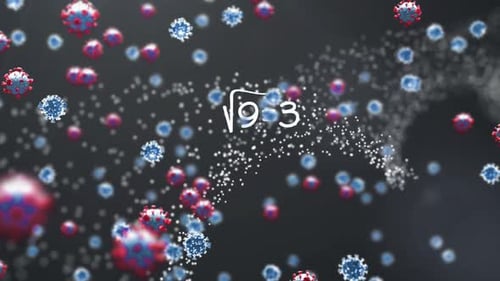 DNA structure and Mathematical equations against Covid-19 cells on blue background