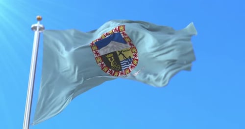 Light Blue Flag with Coat of Arms Waving in the Wind