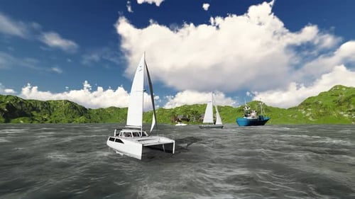 Modern Catamaran Sailing in Choppy Ocean with Mountains