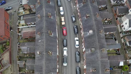 Overhead aerial footage of terrace housing in one of Stoke on Trent's poorer areas, poverty and urba
