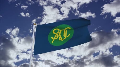 Realistic Flag with Logo Waving on Flagpole in Cloudy Sky