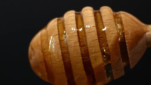 Golden Honey Dripping from Wooden Dipper