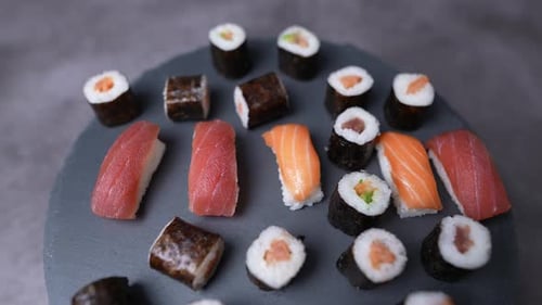 Close Up of Sushi and Maki Rolls