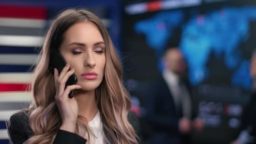 Confident Blonde Lady Boss Communicating on Mobile Phone Discuss Stock Exchange Financial Profit
