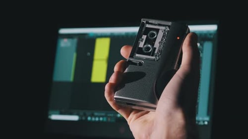 Portable Tape Recorder in Hand Records Sound or Interviews on a Mini Cassette