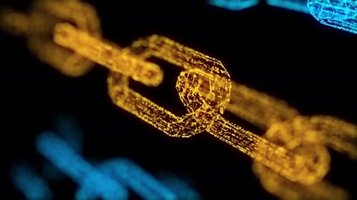 Blockchain cryptocurrency connected multi-function Gold chain particle closeup on Black background