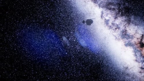 Space Satellite Flying Through Milky Way Galaxy with Star Field