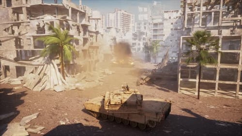 Military Tank Driving Through a War-Torn City Street