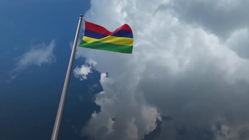 Mauritius National Flag Waving in Wind with Dynamic Clouds
