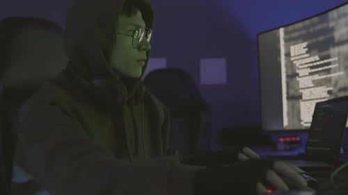 Dangerous Male Hacker Analyzing Code