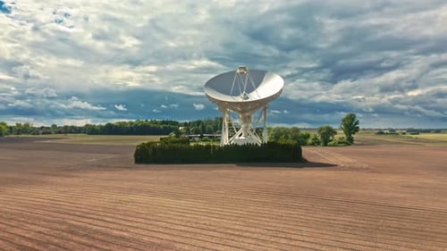 Astronomical observatory to observation the sky on brown field.