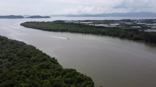 Aerial view fishing boat back near mangrove