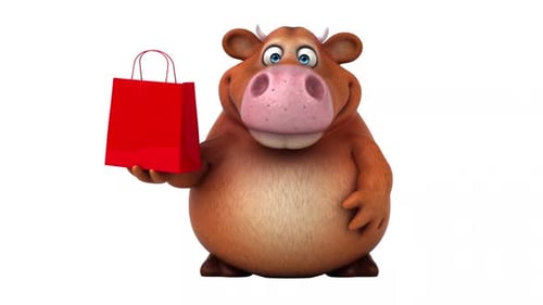 3D Cartoon Cow Character Holding Shopping Bag and Pointing