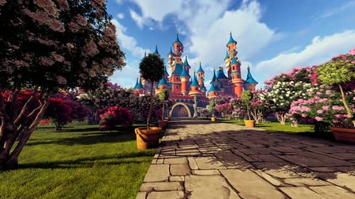 Castillo en el parque con plantas florecientes