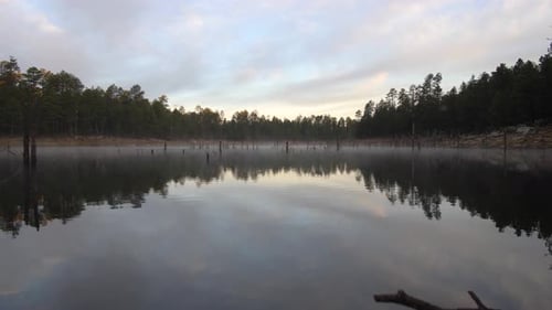 Morning light glowing over a misty calm forest river.