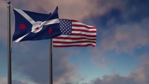 Fort Wayne City Flag Waving Along With The National Flag Of The USA - 4K