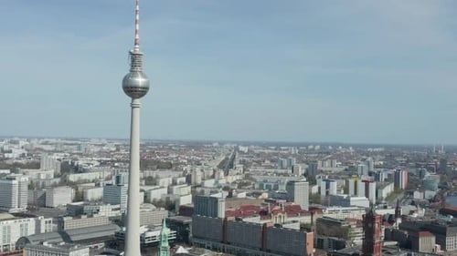 AERIAL: Wide View of Empty Berlin, Germany Alexanderplatz TV Tower with No People or Cars on