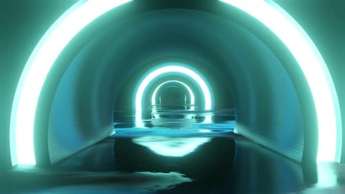 Futuristic Neon Arches Tunnel Over Reflective Blue Water