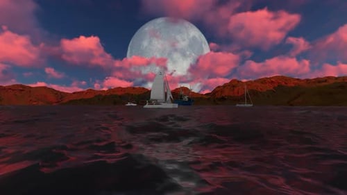 Sailing Boats on a Surreal Ocean with a Giant Moon
