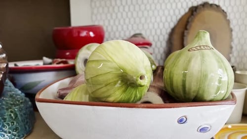Ceramic Figs and Garlic in White Decorative Bowl
