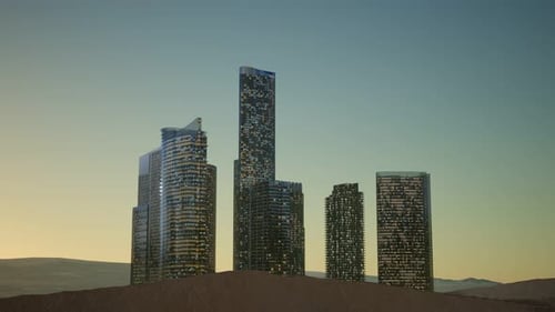 Rascacielos de la ciudad en la noche en el desierto