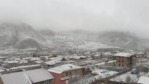 Aerial view of small town Stepantsminda, near mountain Kazbek, Georgia