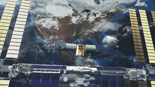 International Space Station with Solar Cell Flies Over Earth