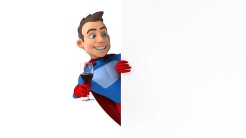 Fun 3D cartoon superhero with a glass of wine