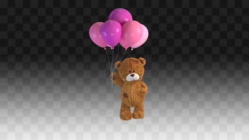 3D Animated Teddy Bear with Pink and Purple Balloons