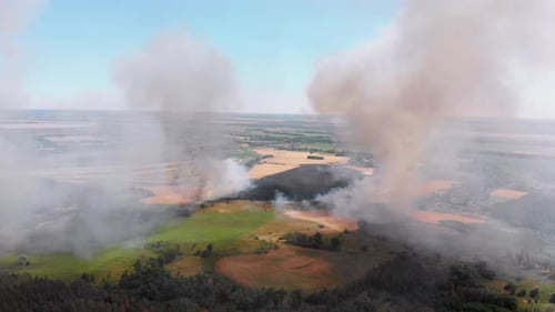 Aerial View of Fire in Wheat Field. Flying Over Smoke Above Agricultural Fields