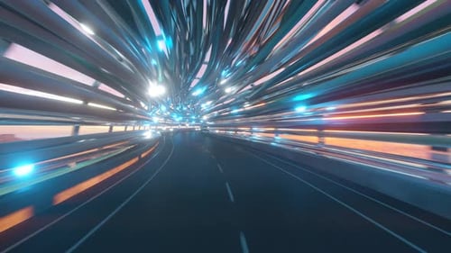 Volando en un túnel de fibra óptica futurista con una carretera