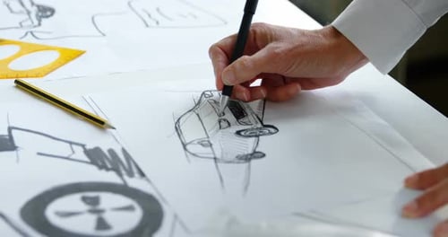 Autodesigner zeichnet Autodesign im Büro 4k
