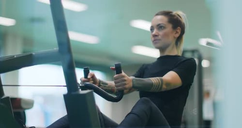 Woman Exercising Rowing Machine Gym
