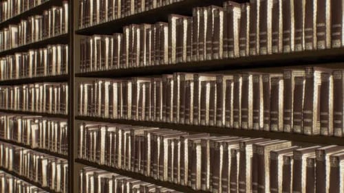 Endless Bookshelf of Wall of Books in Old Antique Brown Library Aisle