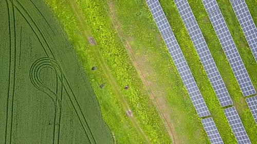 Aerial view of solar power plant field. Electrical photovoltaic panels for producing clean ecologic