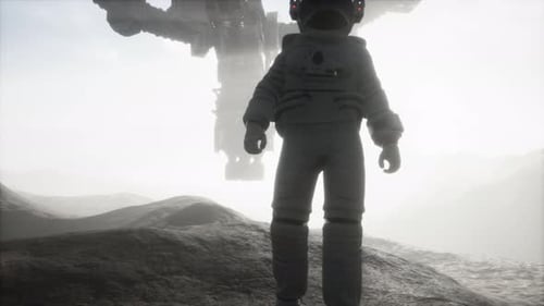 Astronaut on Rocky Planet with Futuristic Space Station