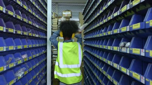 Employé d'entrepôt comptant les petites pièces stockées dans le compartiment de rangement bleu.