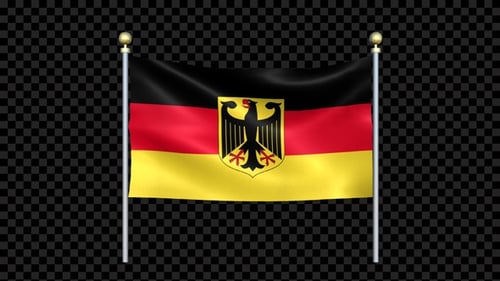 Waving Germany Flag with Coat of Arms on Flagpoles