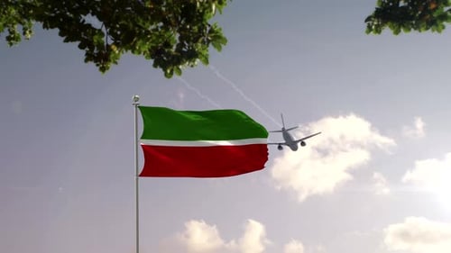 Waving Flag and Airplane Over City Skyline Global Travel Concept