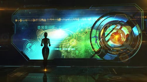 Futuristic AI Robot Interacting with Global Data Network Interface