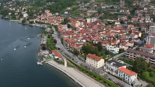 Aerial Drone Shot of he Town of Verbania in the Middle of The Lago Maggiore