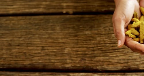 Hands holding turmeric against wooden table 4k