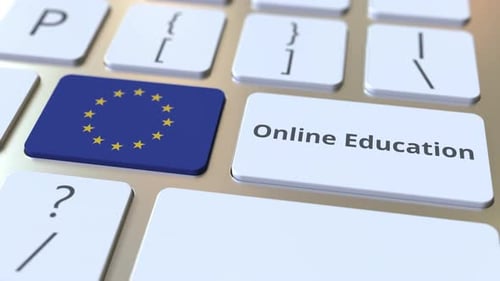 Online Education Text and Flag of the EU on the Buttons