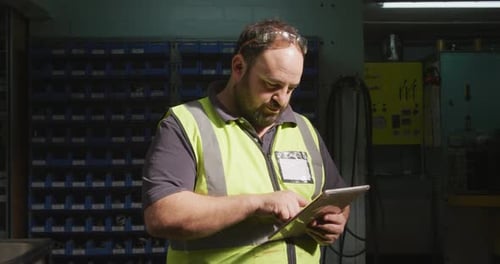 Caucasian male factory worker at a factory wearing a high vis vest working