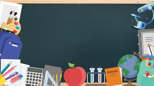 Animation of multiple school materials moving on a blackboard