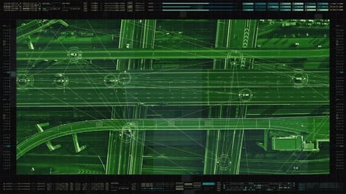 Futuristic HUD Autonomous Driverless Cars on the Elevated Expressway