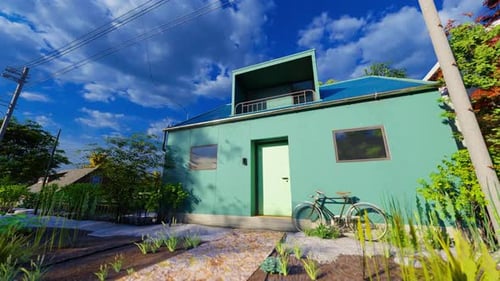 Animated Stylized House with Garden Under Blue Sky