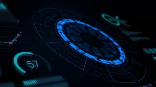 Dashboard data report with blue circle rotation and HUD graph report percentage